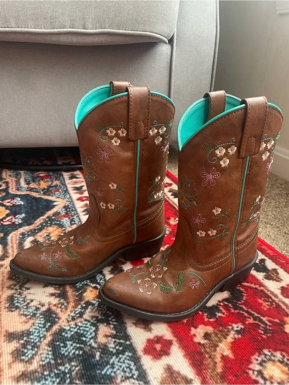 Shyanne Brown Embroidered Western Boots with Turquoise Lining